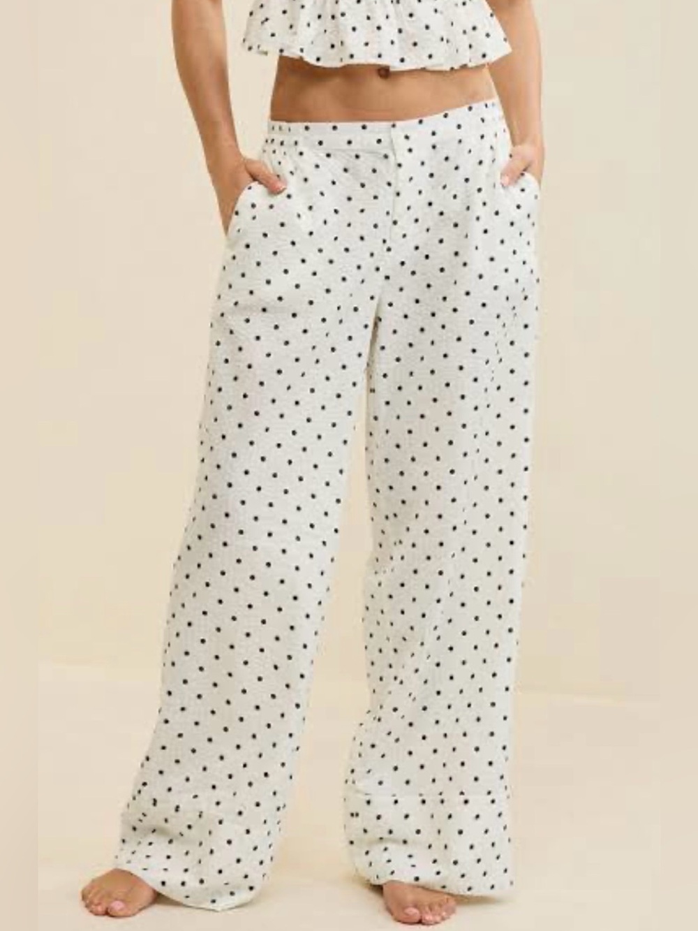 Aerie White Polka Dot Seersucker Wide Leg Lounge Pants Beachy Size Large